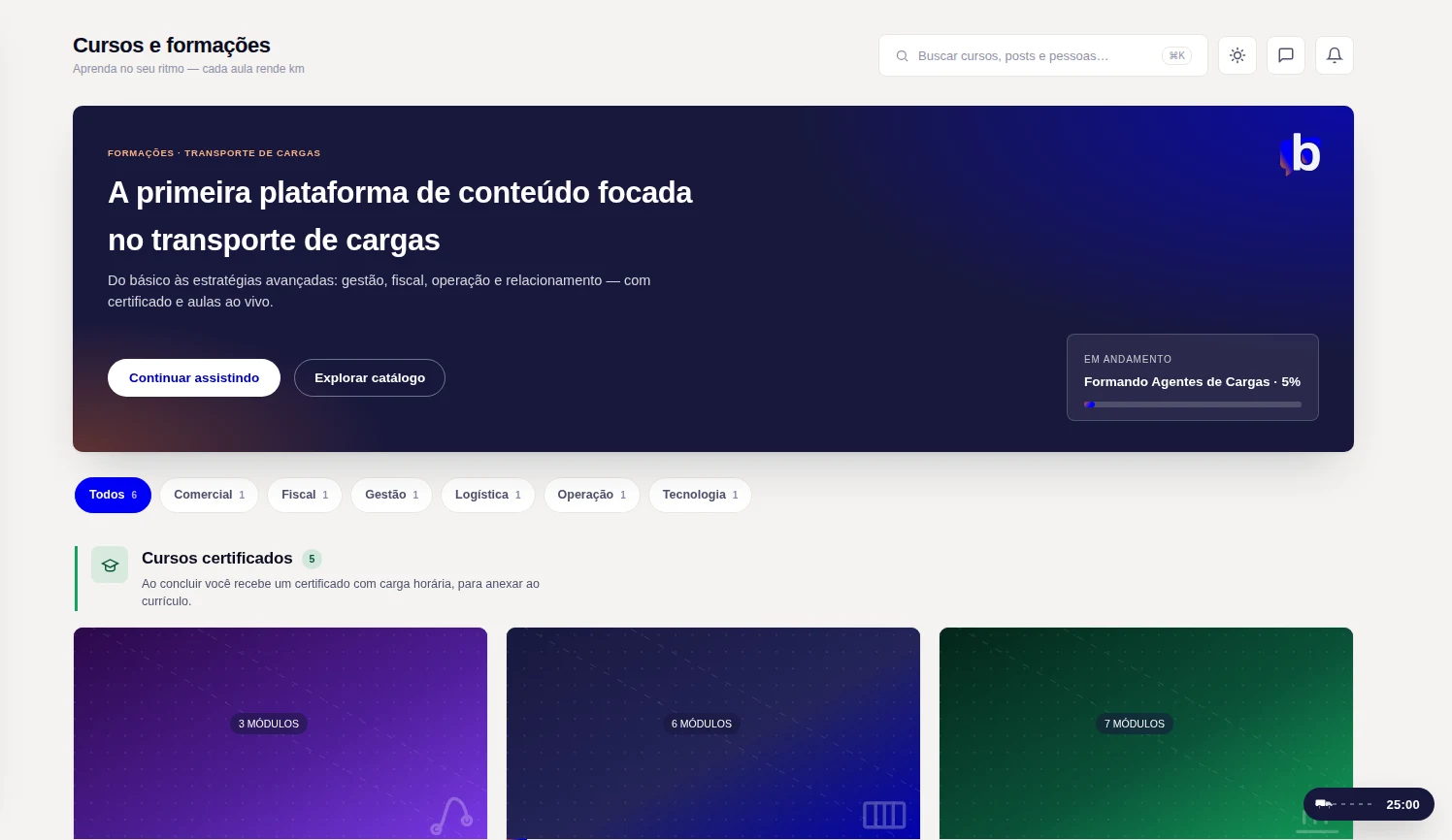 Tela real do catálogo de cursos da Brudam Academy