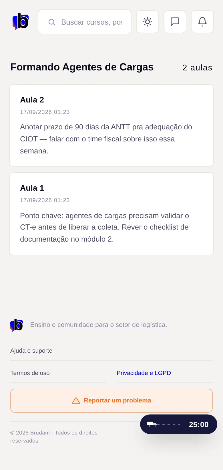 Tela real de anotações da Brudam Academy no celular