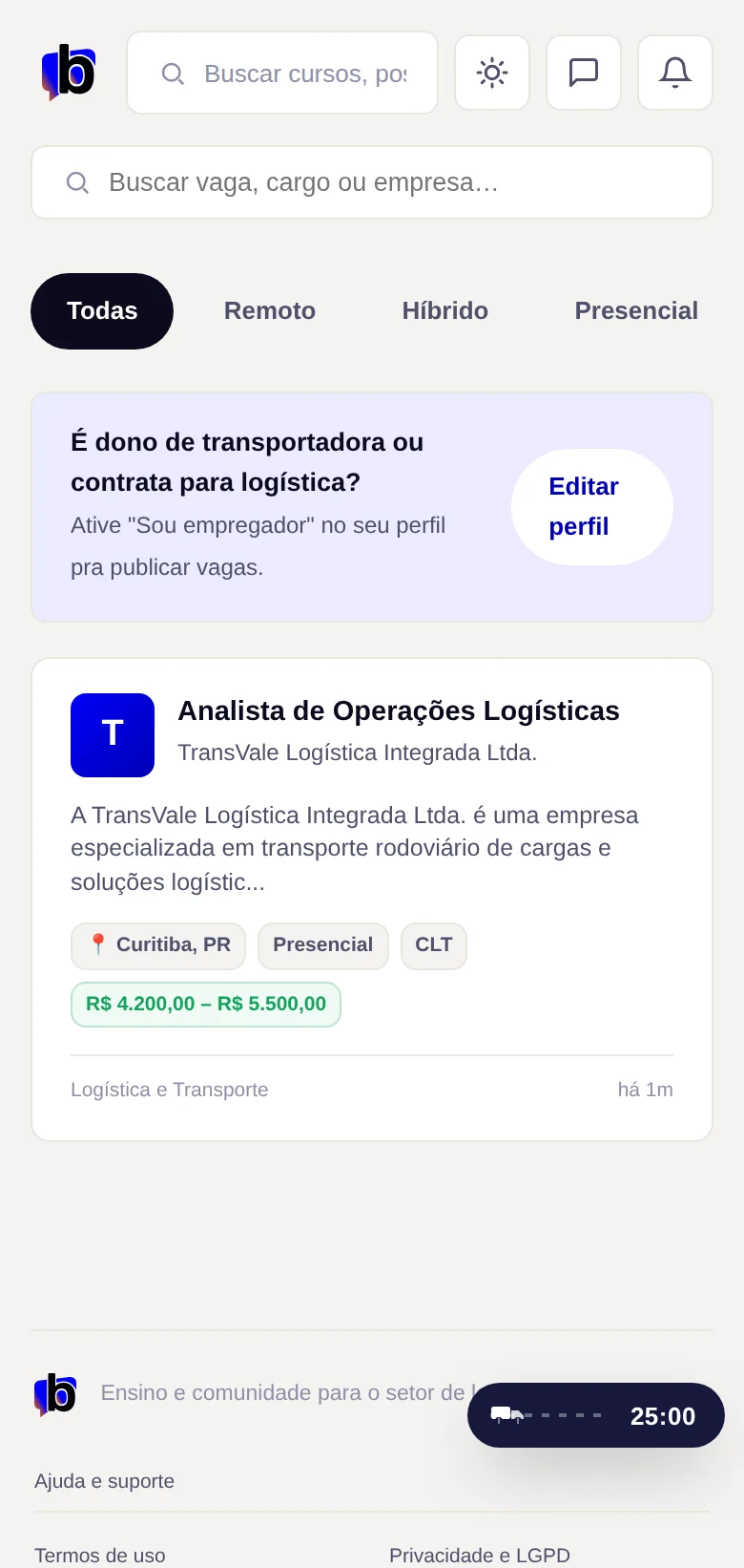 Tela real de vagas da Brudam Academy no celular
