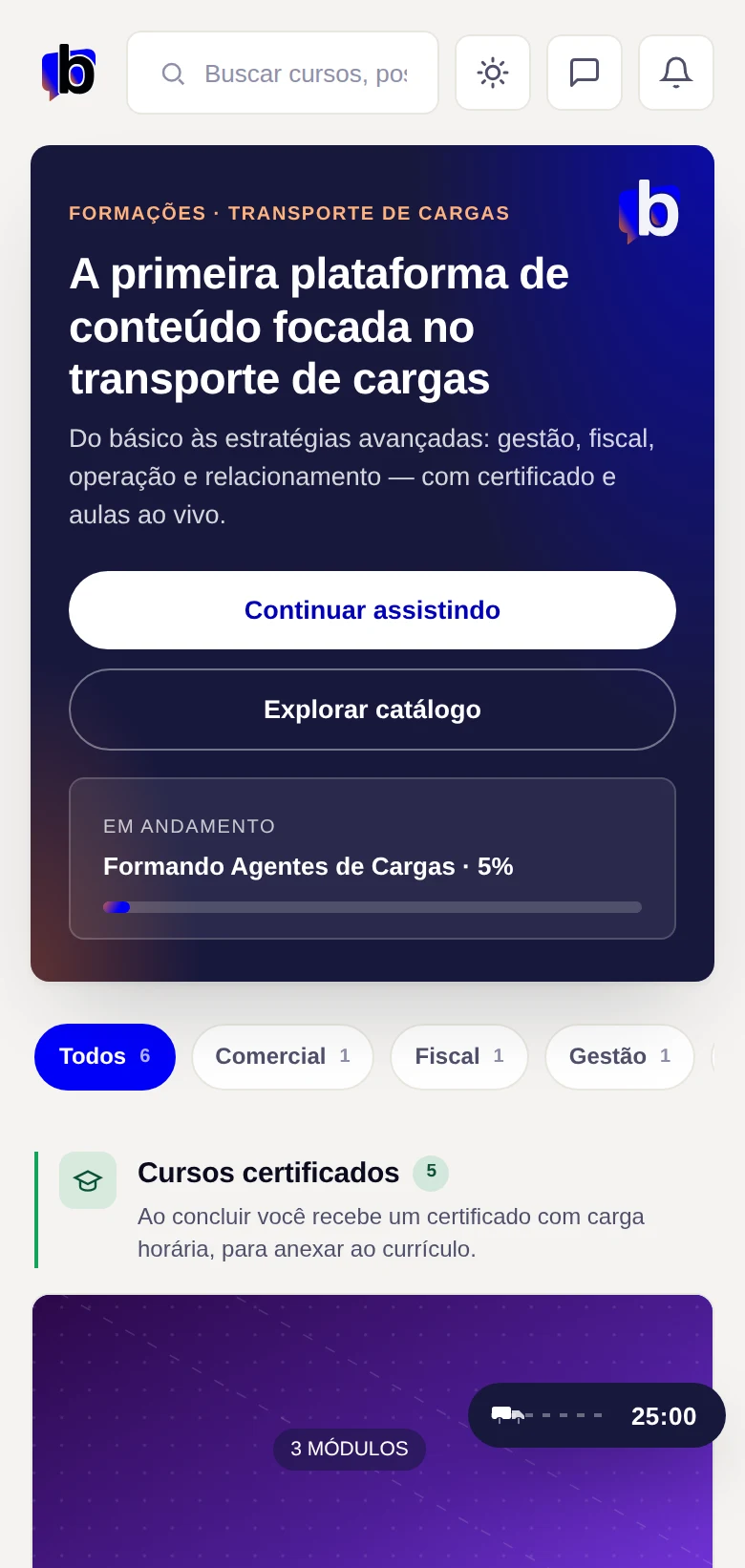 Tela real do catálogo de cursos da Brudam Academy no celular