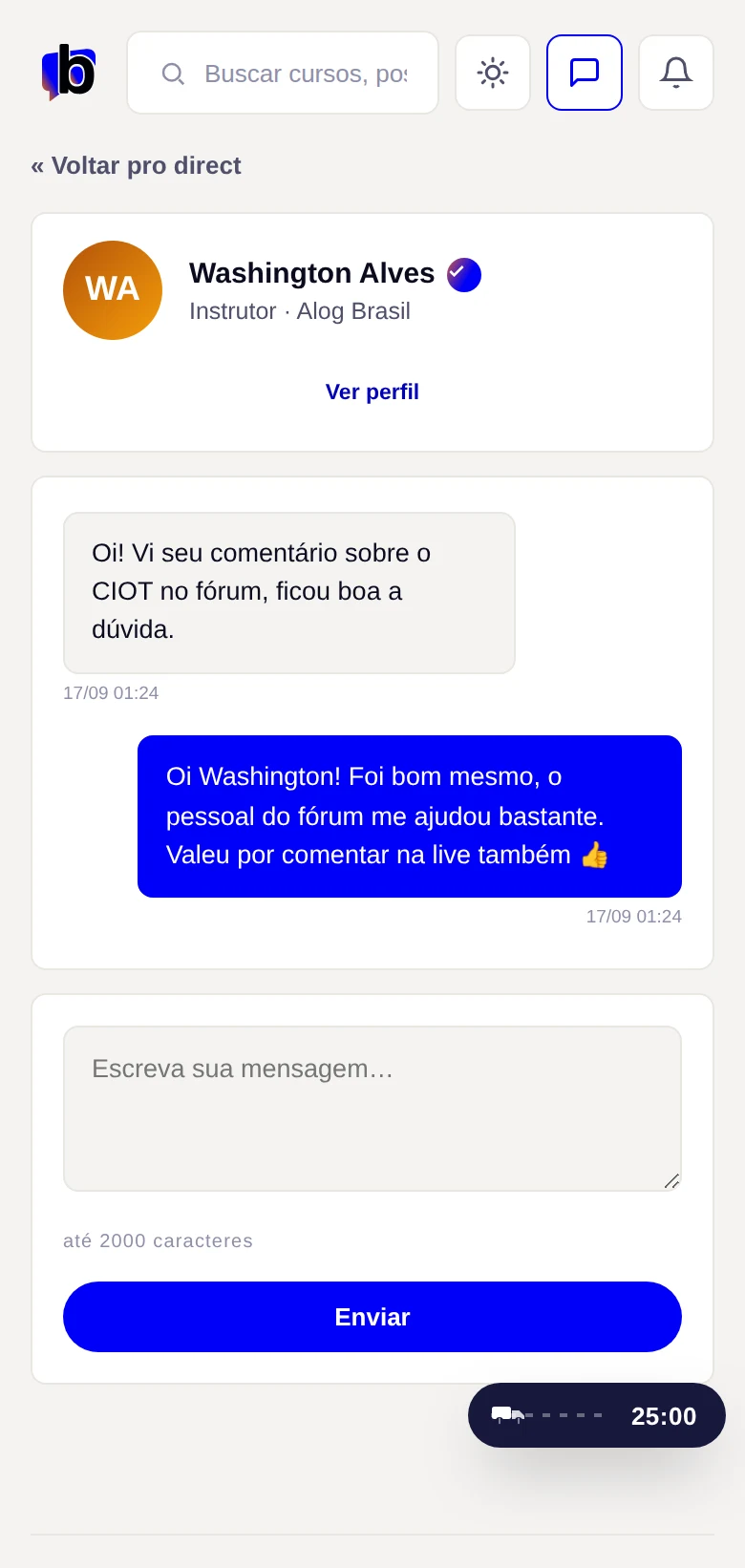 Tela real de mensagens diretas da Brudam Academy no celular
