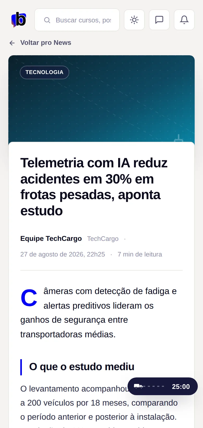Tela real de leitura do News da Brudam Academy no celular