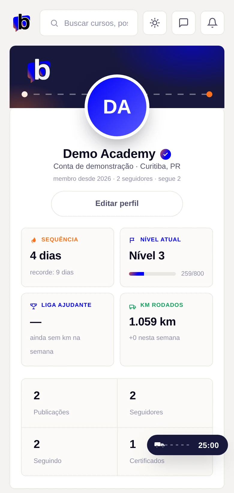 Tela real do perfil da Brudam Academy no celular