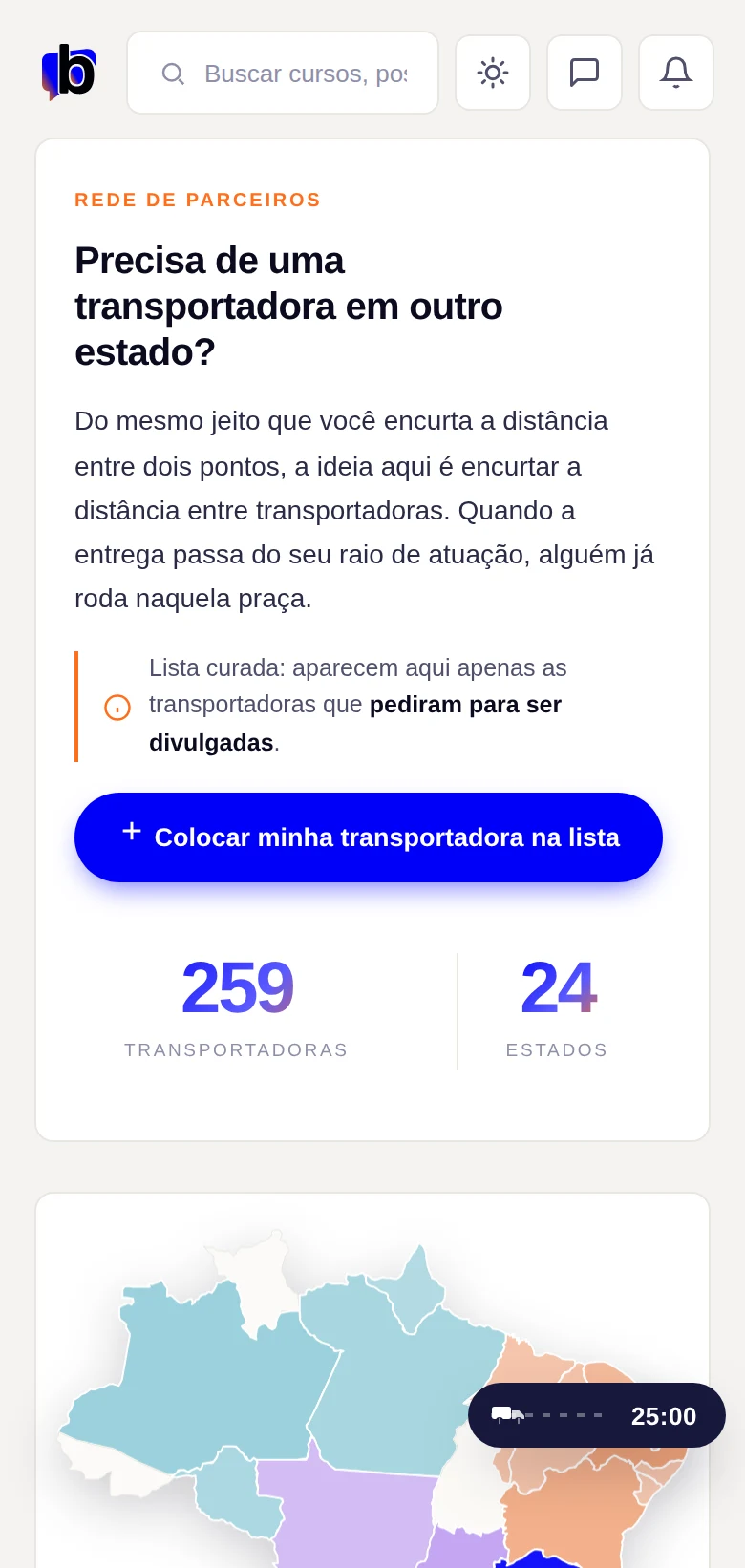 Tela real da rede de transportadoras parceiras da Brudam Academy no celular