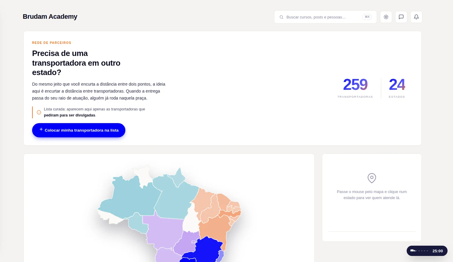 Tela real da rede de transportadoras parceiras da Brudam Academy