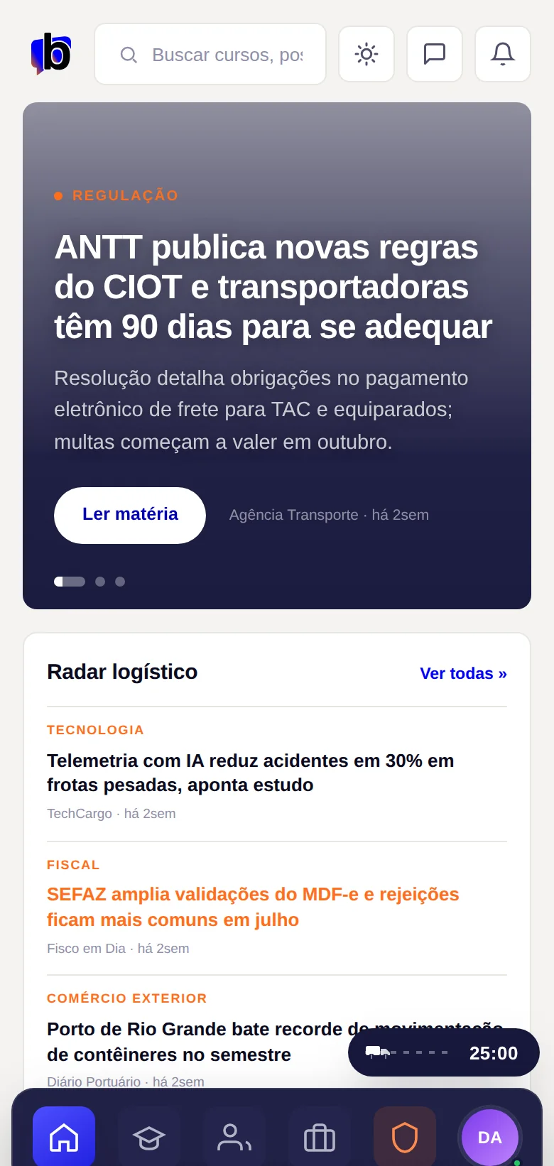 Tela real da home e do News da Brudam Academy no celular